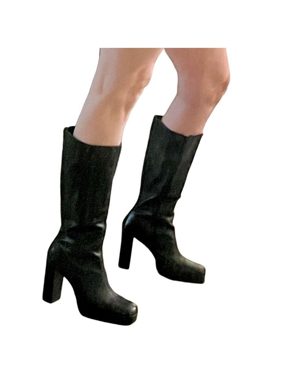 Vintage 90s Tall Knee Boot Brats Y2K Black Square Toe Platform Bakers 10